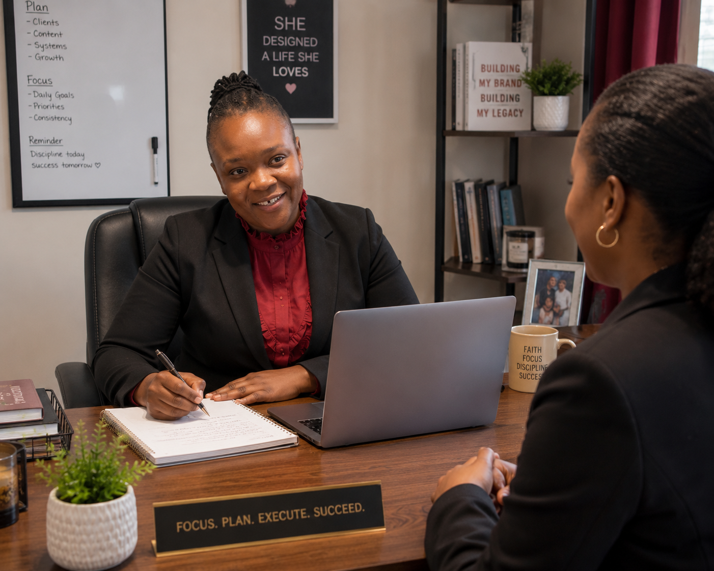 Mary Avisa Aradi discussing a marketing strategy with a business owner